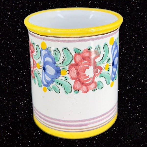 Vintage Keramik Keramika Art Pottery Vase Utensil Holder Crock Hand Painted 3"T