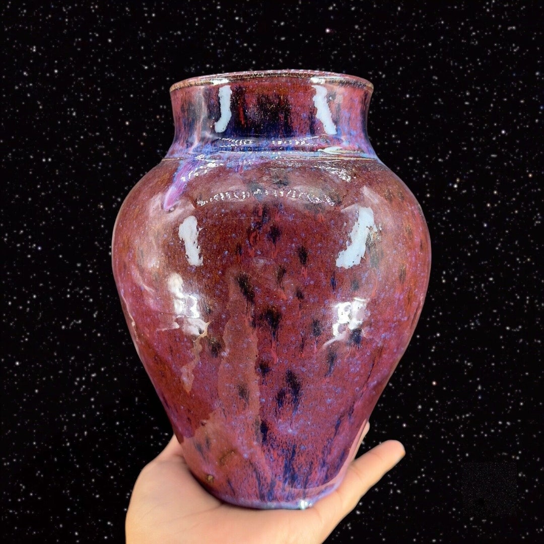 Studio Art Pottery Vase Drip Glaze Purple Red With Black Dots Hand Made ...