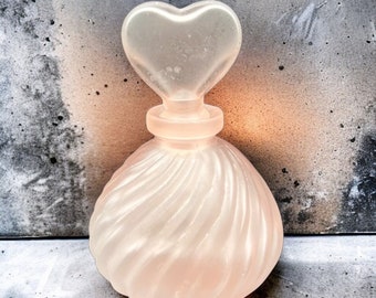Vintage Art Glass Pink Frosted Swirl Empty Perfume Bottle With Heart Stopper 5”T