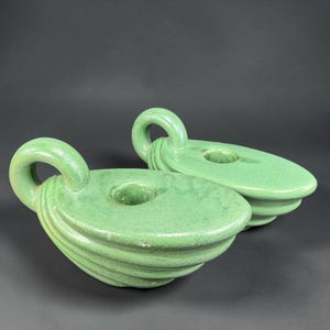 Haeger Deep Green Ceramic Nautilus Shell Candle Holder Pair Chamberstick Set