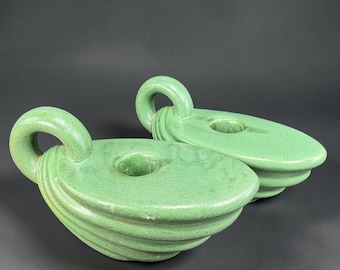 Haeger Deep Green Ceramic Nautilus Shell Candle Holder Pair Chamberstick Set