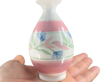 Hand Made Studio Art Pottery Bud Vase Pink Blue Flowers Narrow Neck Vase VTG