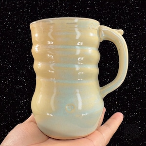 Hand Made Studio Pottery Coffee Cup Mug Snail Swirls Shape Signed Love Stoneware