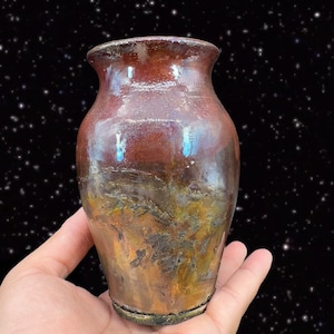 Vintage Raku Studio Art Pottery Vase Iridescent Glaze Hand Made Vessel Signed 5”
