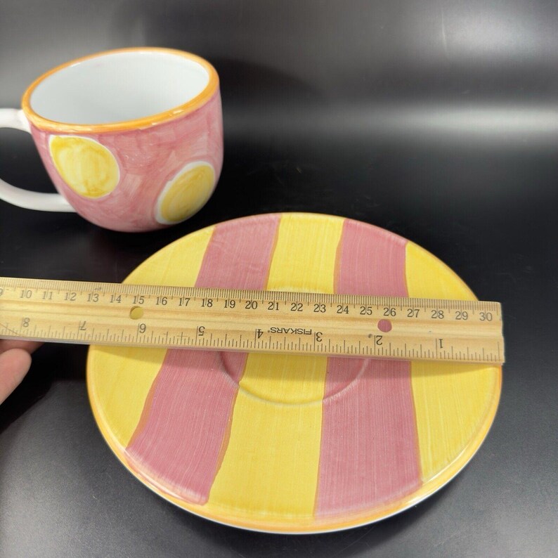 Pottery Barn Sunnyside Teacup and Saucer Pink Yellow Check Pattern