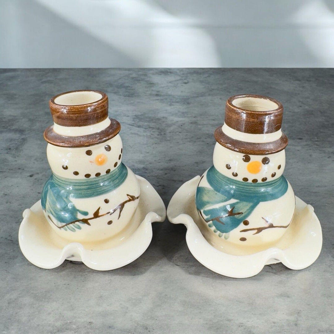 Kovack Pottery 1999 Snowman Candle Stick Holder Set 2 Hand Made Kovack Pottery 1999 Snowman Candle Stick Holder Set 2 Hand Made