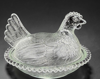 Indiana Glass Clear Glass Hen on Nest Covered Dish Beaded Rim Farmhouse 7Inch