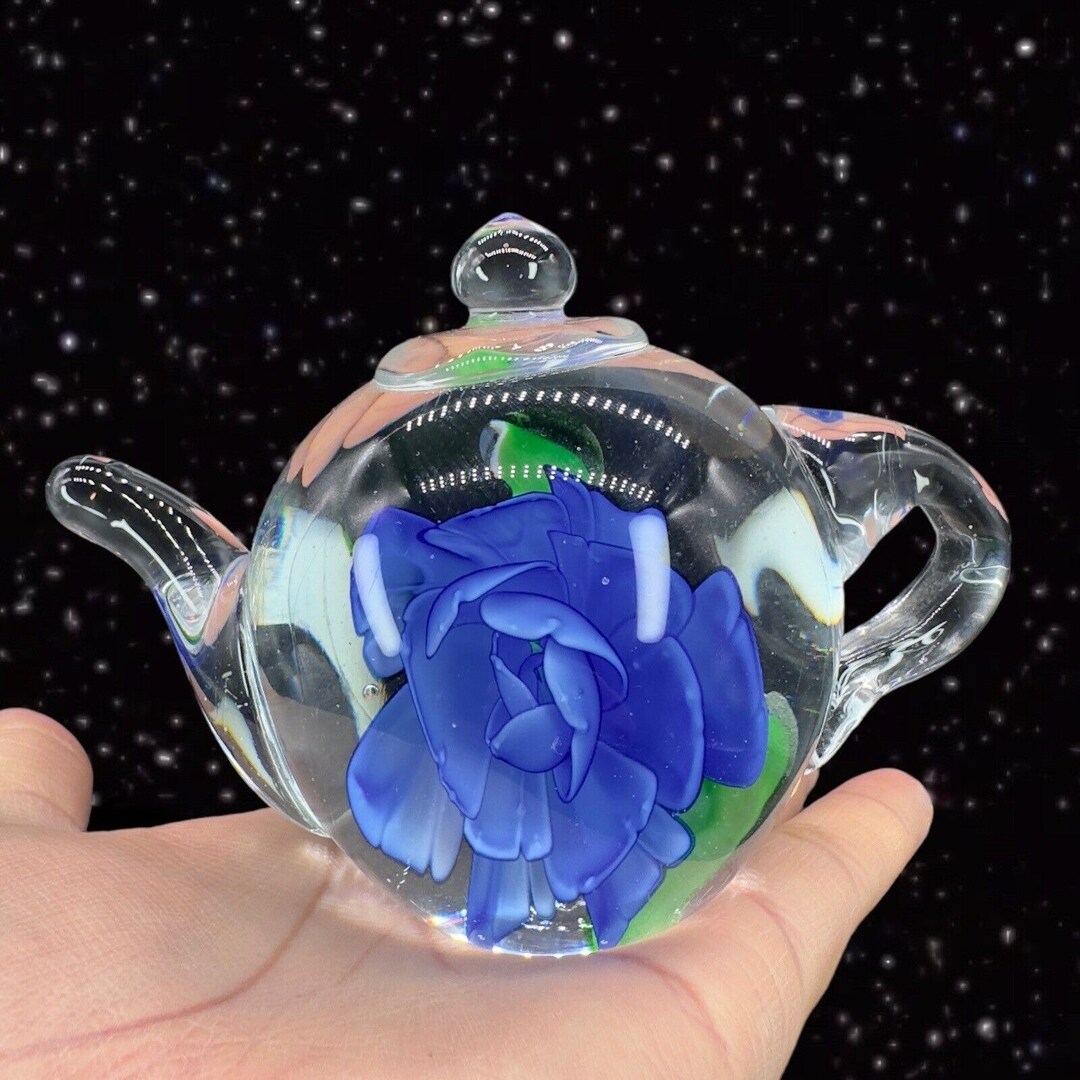 Art Glass Clear Teapot Paperweight With Blue Flower Inside Figurine