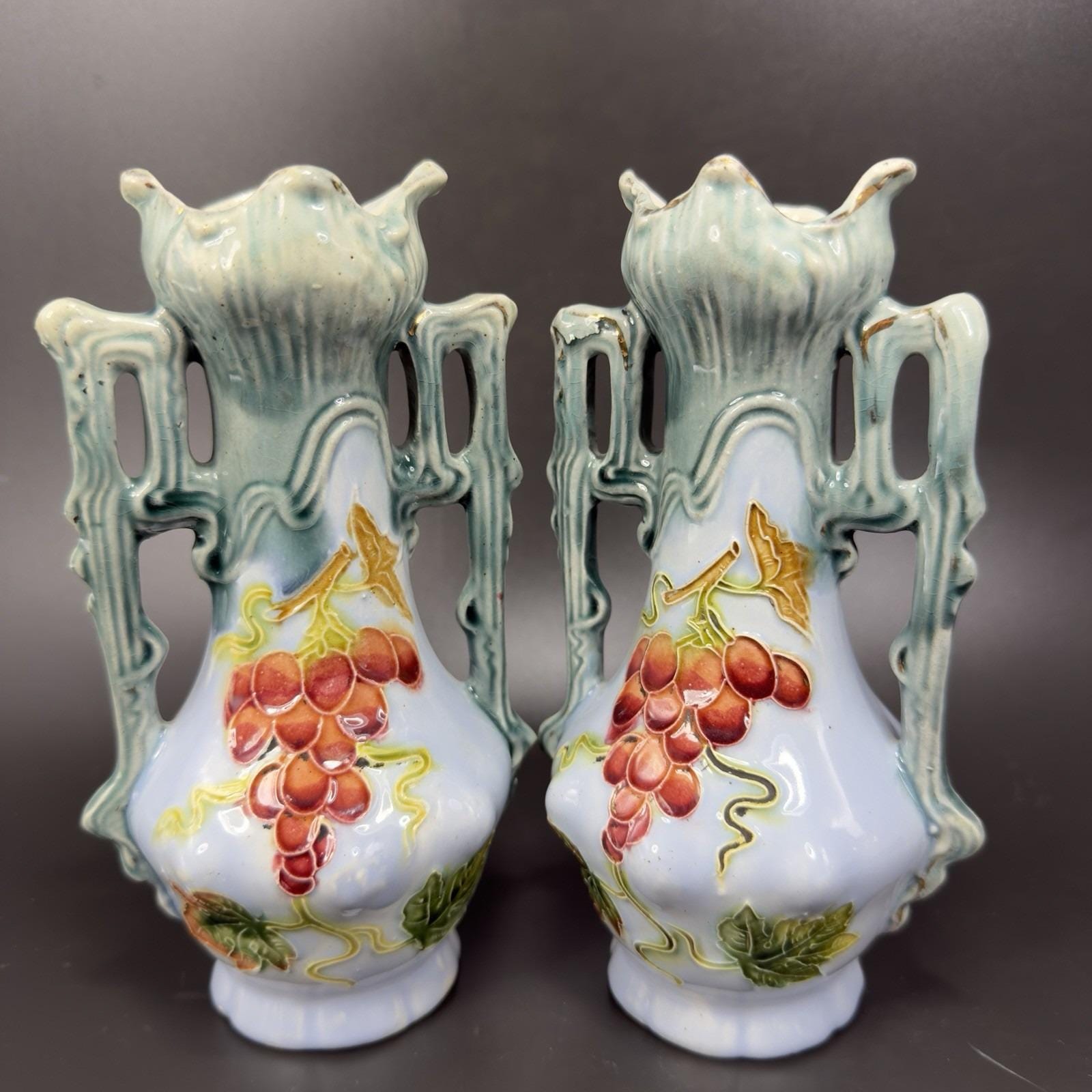 Antique J S Art Nouveau Majolica Vase Vessel Set 2 Grape Pattern