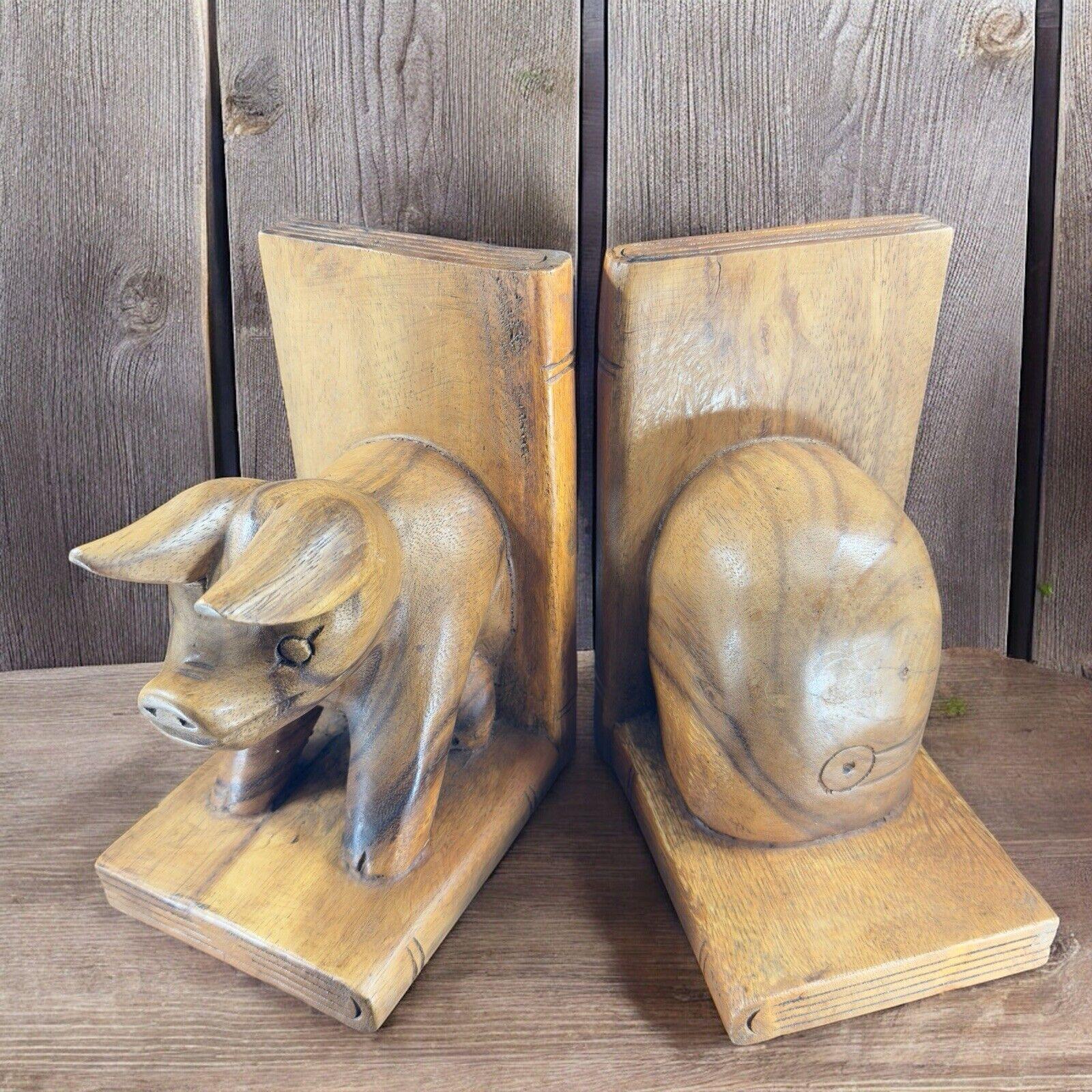 Hand Carved Wood Pig Bookend Set Folk Art Decor Primitive Bookends