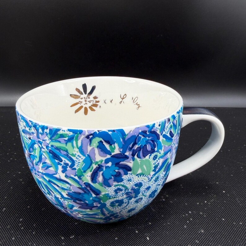 Lilly Pulitzer Blue Floral Ceramic Coffee Mug Cup Oversized Gold Accent Tea Cup image 8