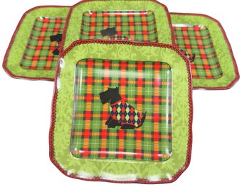 222 Fifth Christmas Scotty Scottish Terrier Dog Argyle Set 4 Dish Plate 6inch