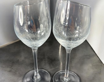 Pier 1 Clear Glass Crackle Angled Rim Goblet Drinking Glasses Cups Set 2 BarWare