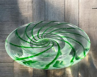 Vintage Heavy Clear Footed Glass Dish Compote Cake Stand With Green Swirls VTG