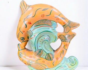 Mexico Folk Art Pottery Tonala Ceramics Orange Dolphins Fish On Wave Painted