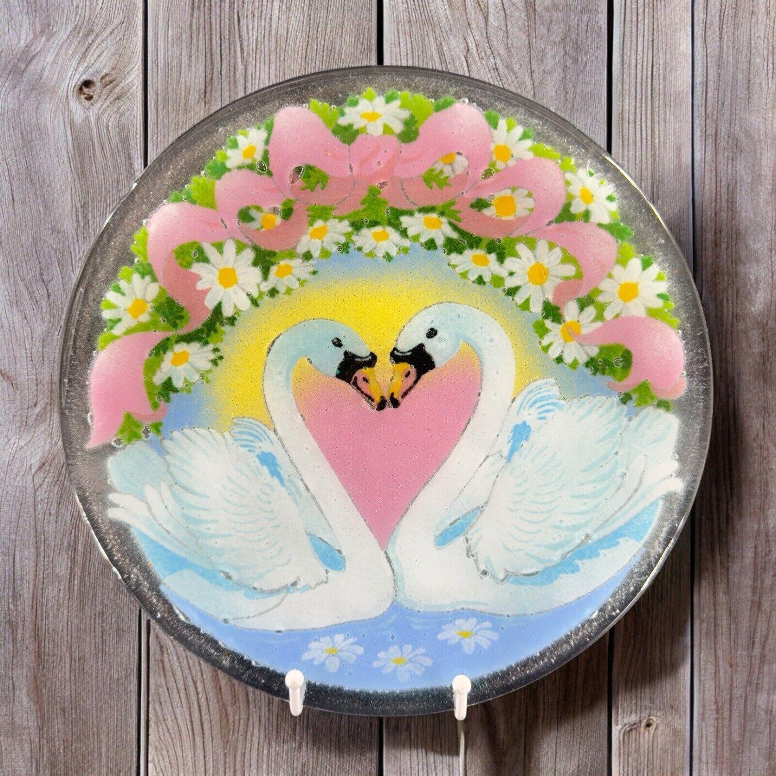 Peggy Karr Fused Glass Plate Kissing Swans Large Dish Plate Round
