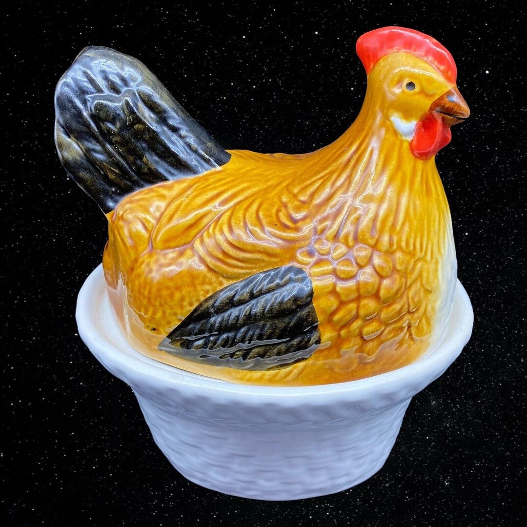 Vintage Olfaire Majolica Hen Sitting on Basket Made in Portugal 7”T 7.5 ...
