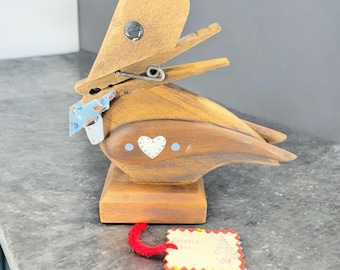 Hand Carved Wooden Duck Clothespin Beak Note Recipe Card Holder Bird Art W Tags