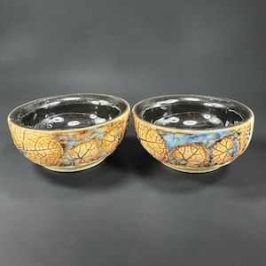 May include: Two ceramic bowls with a leaf pattern. The bowls have a black interior and a tan exterior with blue accents. The leaf pattern is visible on the exterior of the bowls. The bowls are sitting on a black surface.