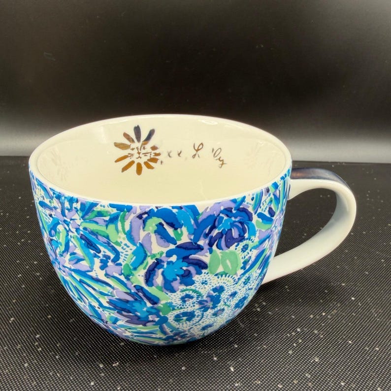 Lilly Pulitzer Blue Floral Ceramic Coffee Mug Cup Oversized Gold Accent Tea Cup image 12