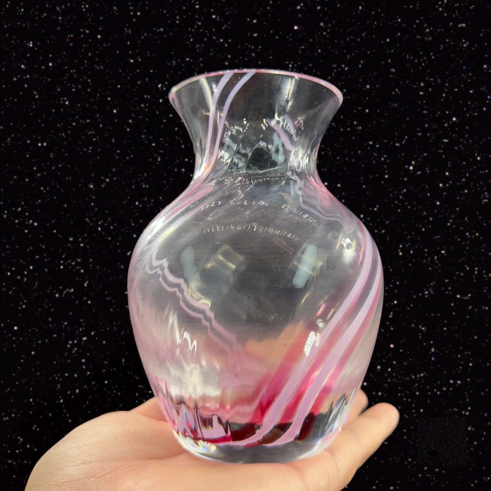 Vintage Caithness of Scotland Pink White Swirl Art Glass Vase Hand