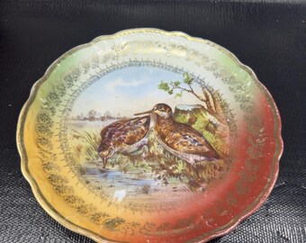 German Bavaria Fine Porcelain Dish Plate Bird Sandpiper Birds Ornate Plate 9.5”