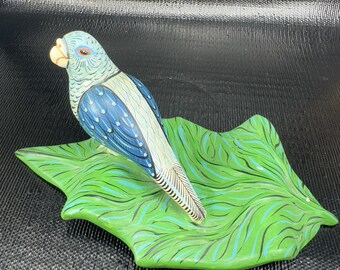 Hand Made Mexican Pottery Parrot Bird On Leaf Tree Sculpture Artist Signed VTG