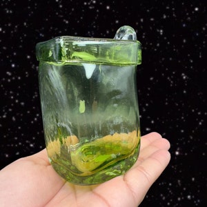 Hand Blown Green Art Glass Vase Basket W Clear Handle Made In Mexico Glass 4”T