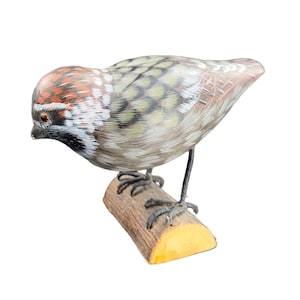 HK Enterprise Carved Wood Bird Figurine Painted With Metal Legs On Wood W Label
