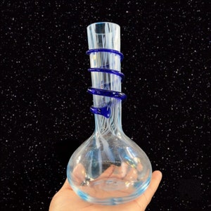 Polish Art Glass Vase Clear W Cobalt Blue Swirls White Specks Made In Poland VTG