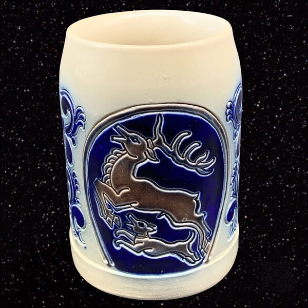 Stoneware Pint Beer Mug Leaping Stag Handarbeit Saltgasur Germany 4”T 4”W