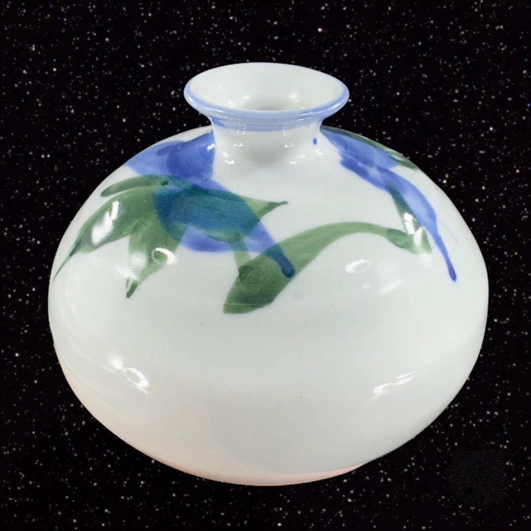 Hand Made Art Pottery Vase Artist Signed Stoneware Blue Flowers Round ...