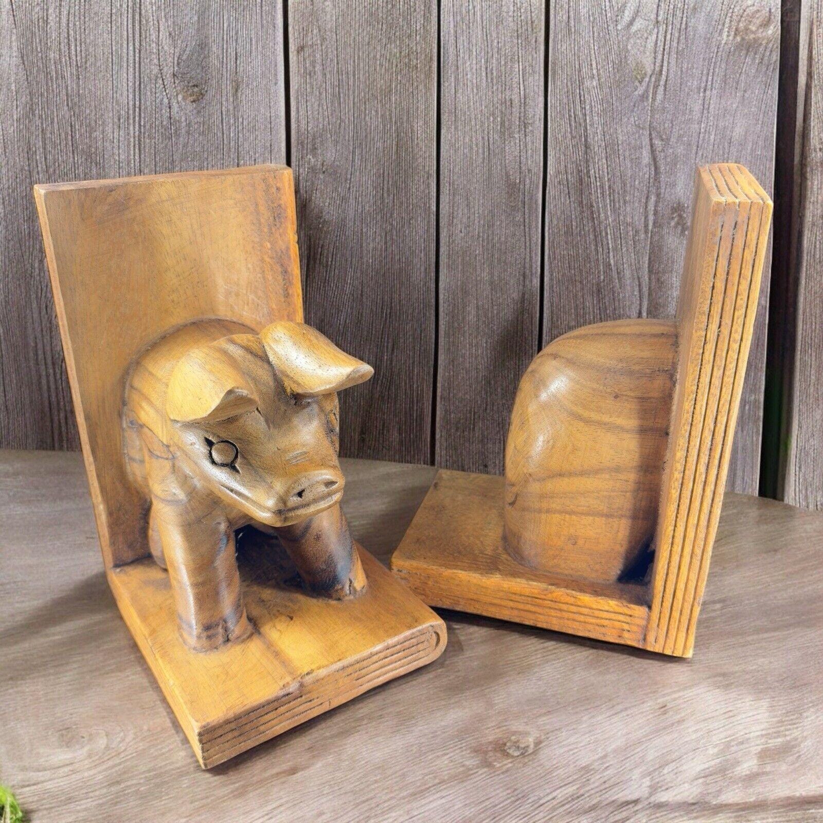 Hand Carved Wood Pig Bookend Set Folk Art Decor Primitive Bookends