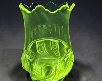 EAPG Victorian Manganese Glass Vase Scalloped Feather Glows Herringbone Celery