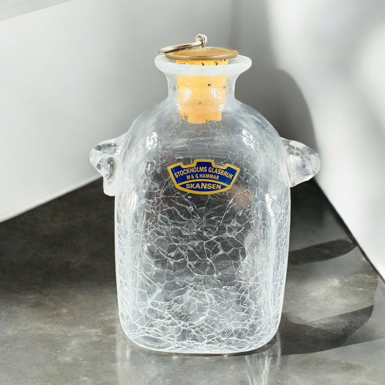 Stockholms Glasbruk Skansen Crackle Glass Bottle With Coin Cork