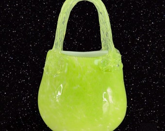 Art Glass Purse Shaped Vase Decoration Green W Handle Vintage Heavy Glass Vase