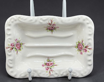 TH Athena Vintage Ceramic Soap Dish Pink Rose Floral Scalloped Made in USA VTG