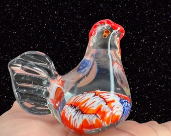 Small Art Glass Chicken Hen Glass Figurine Clear W Millefiori Paperweight Glass