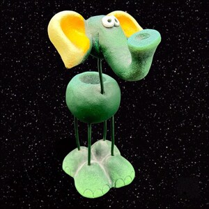 Stylized Candle Holder Elephant Green w Yellow Ears Large Figure 9”T 5.5”W