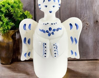 Vintage Red Door Ceramics Pottery White Angel Candle Holder Stick Holder Blue