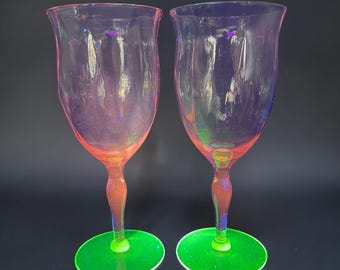 Vintage Watermelon Uranium Glass Cups Goblets Pink Green Glow 7 Inch Set of 2