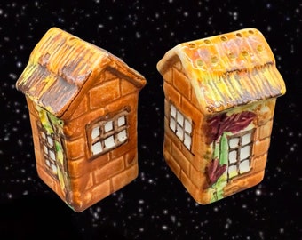 Ceramic Salt and Pepper Shaker Set 2 pcs Cottage House Painted Made In Japan 3”T