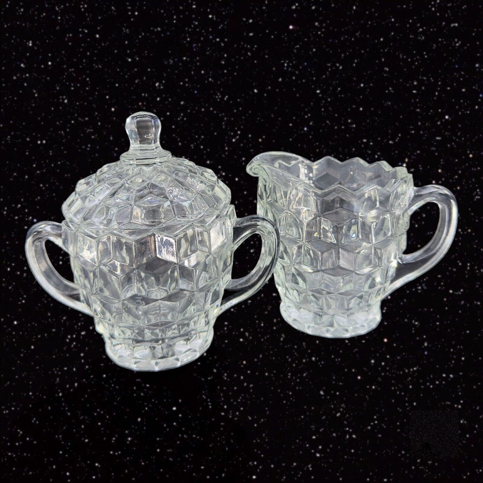 Vintage Fostoria American Glass Cubist Cream and Sugar Set 2 Clear Crystal  VTG