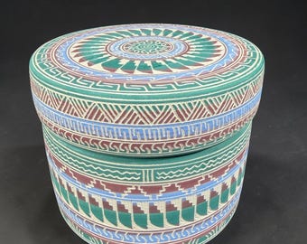 E & V Tsosie Navajo Pottery Lidded Jar Etched Sgraffito Native American Vintage