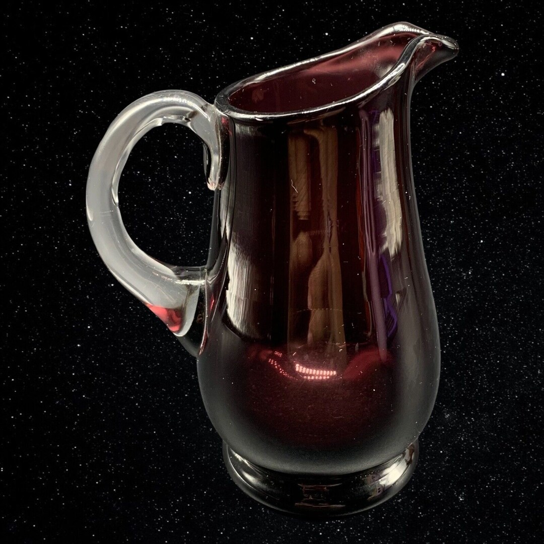 Vintage Art Glass Amethyst Clear Applied Handle Creamer Pitcher 4”T 3”W ...