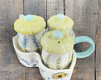 Anthropologie Ceramic Salt And Pepper Covered Mustard Pot and Spoon on Tray VTG