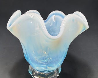 Duncan & Miller Canterbury Blue Opalescent Glass Ruffled Vase Art Glass Decor
