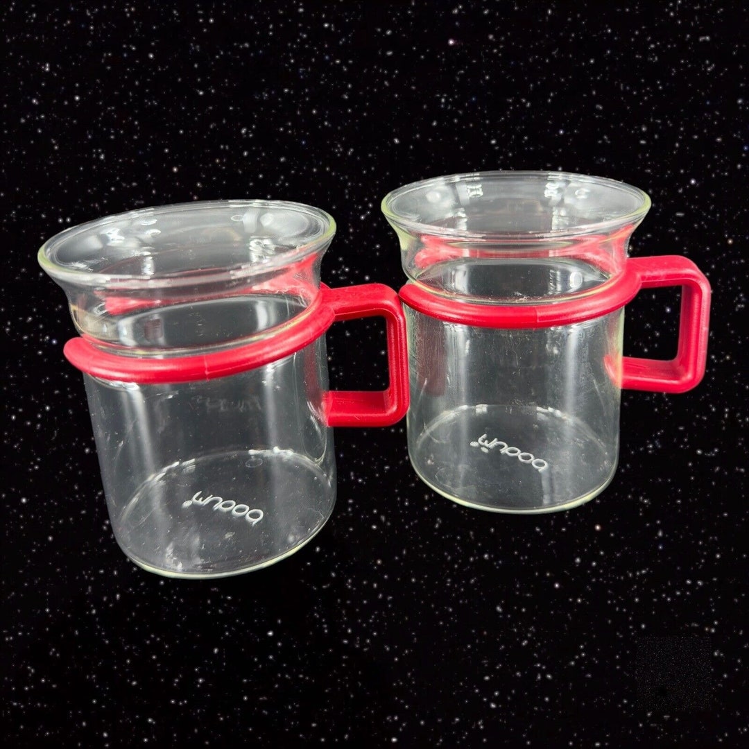 Bodum Glass Mug Red Cage Sleeve Frame 8 Ounce Mug Cups Set 2 Made in