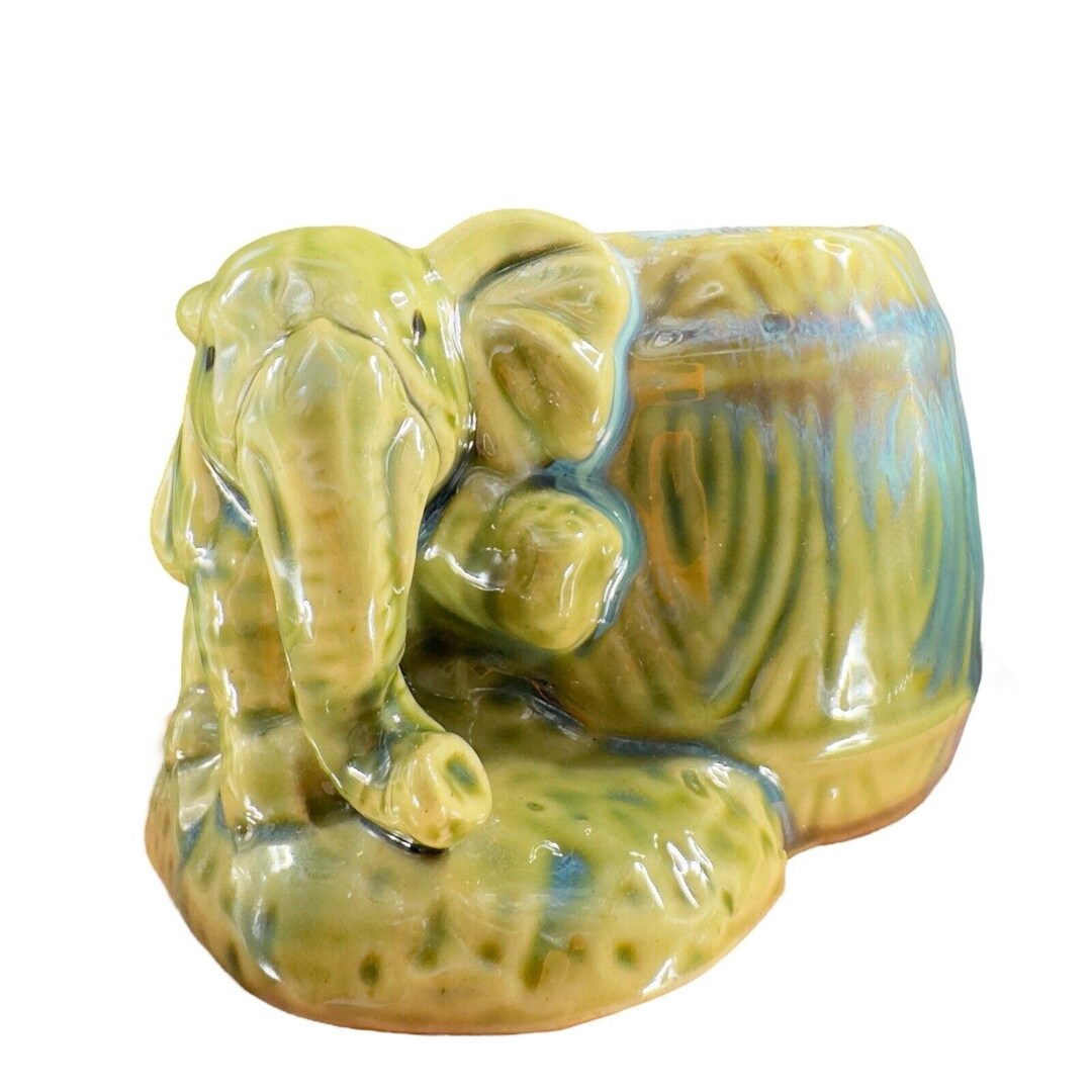 Vintage Majolica Style Pottery Green Elephant Vase Planter Drip Glaze ...