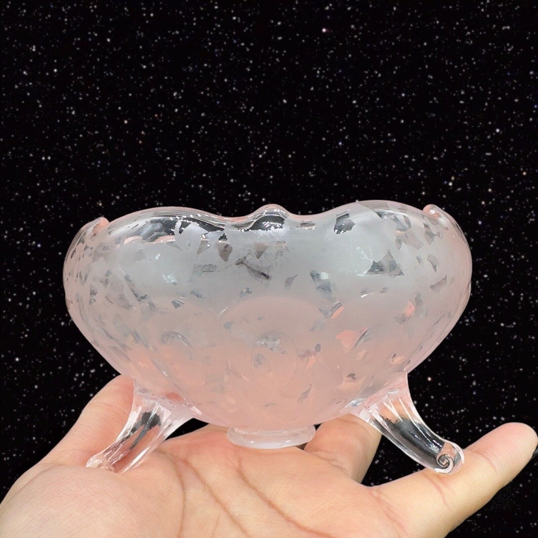 1930s Fenton Ming Pink Glass Rose Bowl Dish Etched 3 Footed Bowl